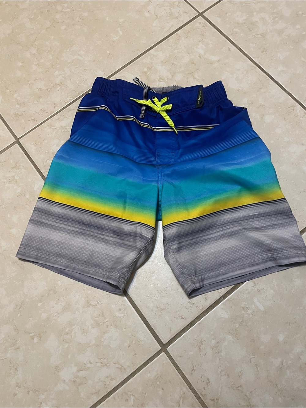 ZeroXposur Boys Blue Green Yellow Gray Stripe Swim Trunks